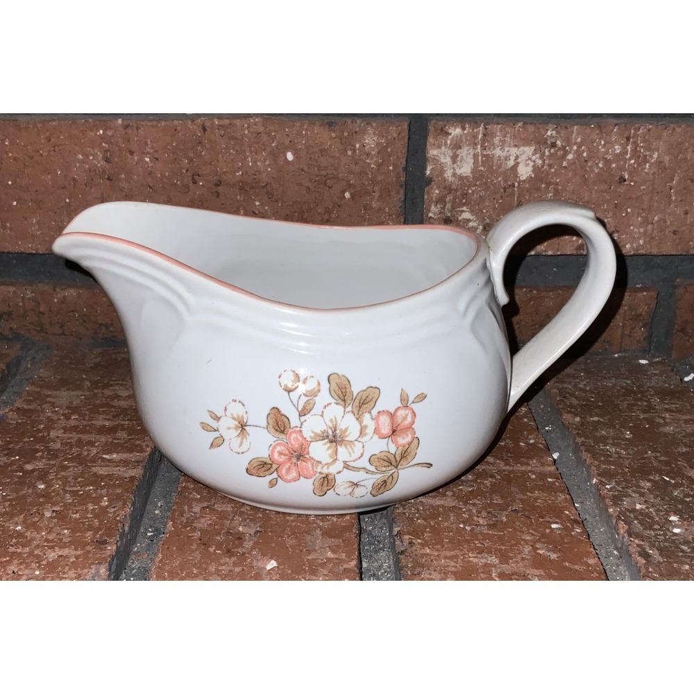 Country Ware Stoneware Peachwood Pink‎ Trim Floral Gravy Boat Japan